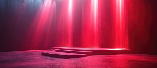 Contemporary red stage with spotlights and light beams for website design header or presentation in a luxurious abstract setting