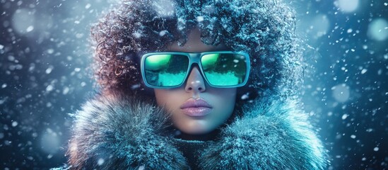 fashionable woman in winter attire with sunglasses and fur coat posing amidst falling snow showcasin