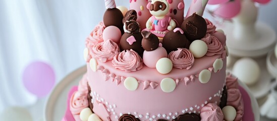 Wall Mural - Delightful pink birthday cake decorated with charming figures and an array of chocolate balls on a festive backdrop