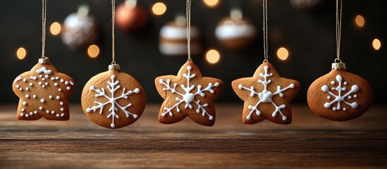 Canvas Print - Christmas gingerbread cookies hanging over a wooden table adorned with festive decorations creating a warm holiday atmosphere