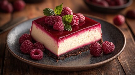 Wall Mural - Raspberry cheesecake slice on a rustic plate garnished with fresh raspberries and mint leaves on a wooden table setting.