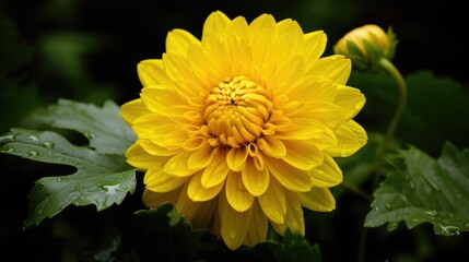 Canvas Print - Bright yellow chrysanthemum flower surrounded by green leaves showcasing the beauty of nature in a serene garden setting.