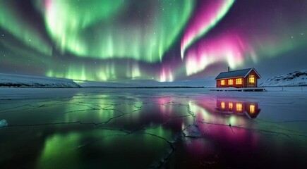 the northern lights shimmering above a frozen lake. the aurora’s vibrant ribbons of green and magent