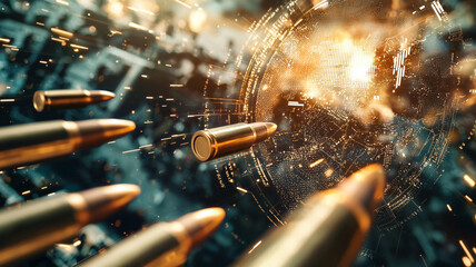 Poster - Aerial view of battlefield with bullets and digital interface, showcasing dynamic and intense scene with glowing elements and motion blur effects