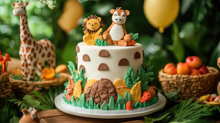 A cake with a giraffe, lion, and bear on it