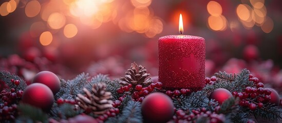 Sticker - Festive Advent scene with red candle and baubles surrounded by pine cones and greenery creating a warm holiday atmosphere.