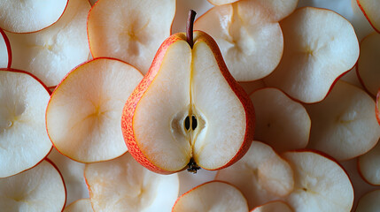 Canvas Print - A halved red pear sits atop a bed of thinly sliced pears, creating a visually appealing pattern of concentric circles and contrasting colors.