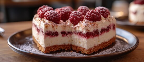 Poster - Heart shaped raspberry cheesecake with fresh raspberries garnished on top served on a wooden table in a cozy setting