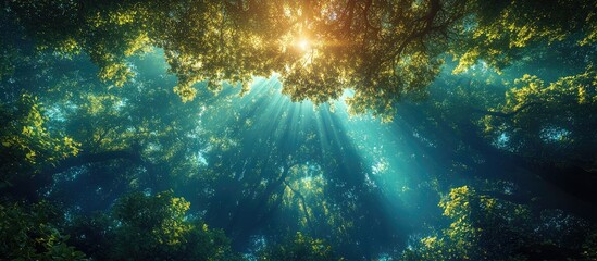 Canvas Print - Tranquil forest canopy with sunlight filtering through vibrant leaves in a serene natural setting