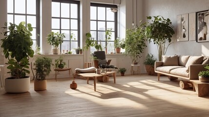 Wall Mural - Serene, sunlit loft space with minimal furnishings, polished wooden floors, and a selection of potted plants enhancing the modern aesthetic