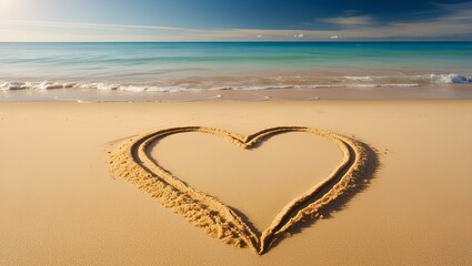 A heart-shaped symbol on the beach with sand, water, and ocean waves in the background, evoking love, romance, and a tropical summer vacation feel