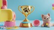 © Sinechana - 44.A 3D pet award set featuring a golden trophy cup with a paw design, along with a golden medal and collar. The scene is completed with realistic pet accessories like a food bowl and toys, all