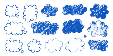 set of hand drawn blue clouds, sky. scribble chalk, crayon childish style.