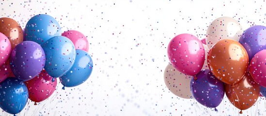 Wall Mural - Colorful balloons against a white background with confetti creating a festive and celebratory atmosphere perfect for events and parties