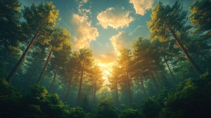  Majestic pine forest with sun rays filtering through trees under a vibrant blue sky and fluffy clouds at twilight.