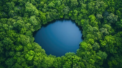 Sticker - Aerial perspective of a serene lake surrounded by lush green tree tops, capturing the tranquil beauty of nature with inviting photo style and ample copy space.