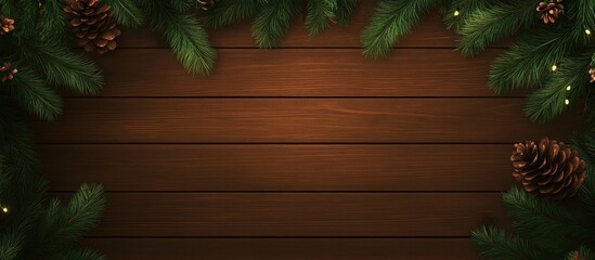 Aufkleber - Rustic wooden background adorned with fir branches and pine cones creating a festive space for holiday text and graphics.