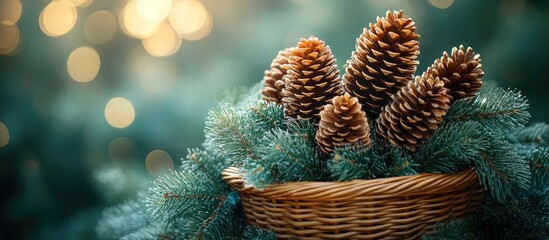 Aufkleber - Wicker basket filled with pine cones and branches creating festive Christmas decor against a blurred green background with soft bokeh lights
