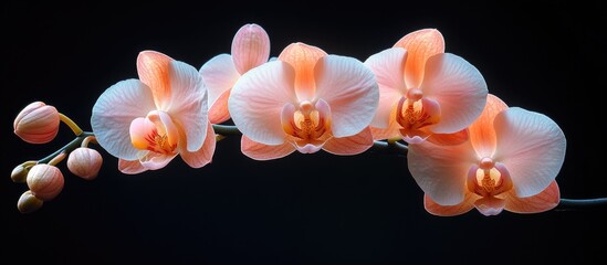 Poster - Blooming phalaenopsis orchid flowers in soft peach hues against a serene black background showcasing delicate beauty and elegance.