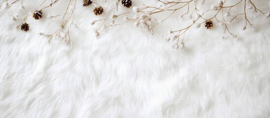 Aufkleber - Festive holiday decorations with pine cones and dried branches on a soft white fur background perfect for text placement