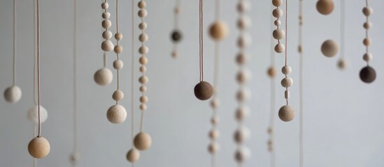 Aufkleber - Strings of wooden beads hanging against a soft neutral backdrop creating a serene and minimalist visual composition.