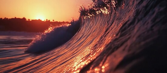 Poster - Golden sunset wave with vibrant colors and intricate details capturing the essence of a tranquil beach atmosphere and natural beauty.