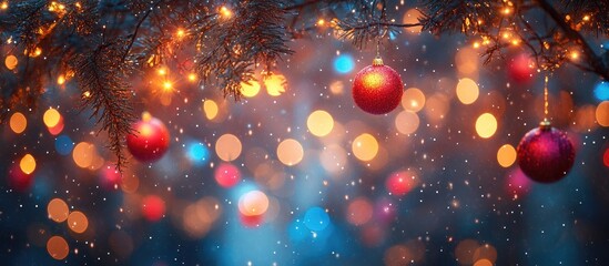 Leinwandbilder - Festive bokeh lights and ornaments hanging on a tree creating a warm and dreamy holiday atmosphere with a soft blurred background