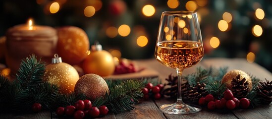 Aufkleber - Elegant Christmas table setting with festive ornaments and a glass of wine creating a warm holiday atmosphere with bokeh background effects