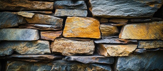 Poster - Textured stone wall with various shaped and colored stones creating a natural rustic background for architectural or design projects.