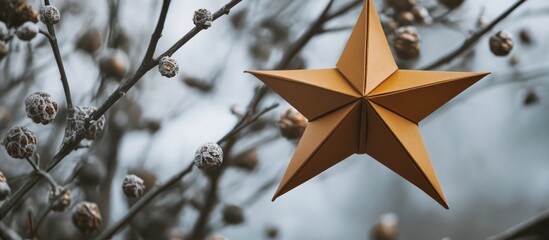 Aufkleber - Brown paper star decoration hanging among winter branches creating a cozy seasonal atmosphere in a nature setting