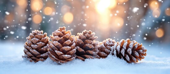 Aufkleber - Winter scene featuring snow-dusted pine cones on white snow with a warm glow from the background perfect for holiday-themed designs.
