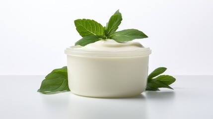 Poster - Cream container adorned with fresh green leaves on a minimalist white background highlighting natural beauty and freshness.