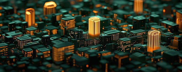 A vibrant, stylized cityscape featuring illuminated buildings and a futuristic design, set against a dark background, suggesting a blend of technology and urban life.