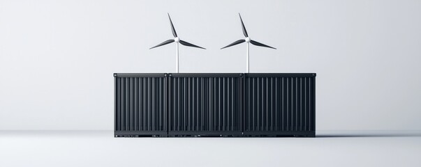 Electricity battery demand concept. A shipping container with two wind turbines on top, symbolizing sustainable energy and innovation in renewable technologies.