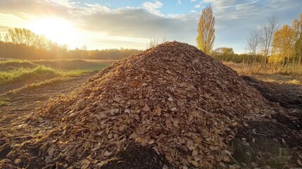 Piled leaf biomass in a field at sunset showcasing natural sustainable energy source for eco-friendly power generation