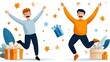 © tuiphotoengineer - Two overjoyed young men jumping with their arms raised celebrating a special occasion or achievement with gift boxes around them  The image conveys a sense of happiness enthusiasm