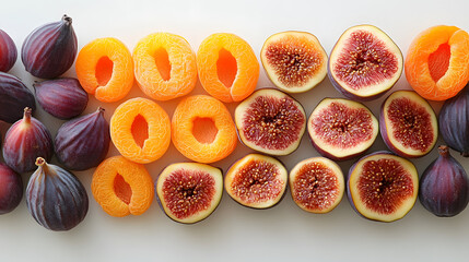 Canvas Print - A vibrant flat lay showcasing halved figs and apricots arranged in alternating rows. The rich purple figs and bright orange apricots create a striking contrast against a white background.