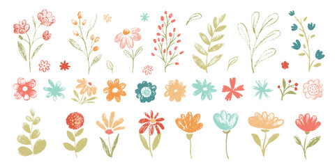 cute floral simple doodle botanical art. flowers, leaves, greenery kid style drawings. crayon pencil