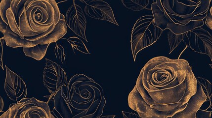 Wall Mural - 26.Intricate vector design of elegant gold roses, delicately outlined against a deep blue background. The flowing line art emphasizes graceful blooms and leaves, accented with copper details,