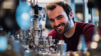 Wall Mural - Smiling Scientist in Laboratory with Advanced Equipment and Technology