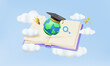 © N ON NE ON - Open book education concept Globe with graduation cap School magnifying idea learning light bulb science floating on pastel background reading writing training 3d vector illustration