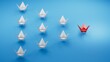 © feng - Different business concept.new ideas. paper art style. creative idea.red leader swan, standing out from the crowd of white swans.3D rendering on blue background.