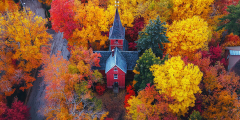top down view of red church in vermont new hampshire maine connecticut fall autumn yellow orange red