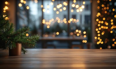 a christmas tree is lit up with lights and a small pine tree is on a table