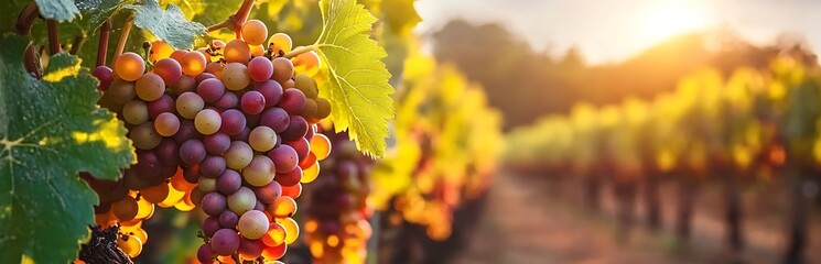 Morning sunlight illuminating ripe grapes on a vine,