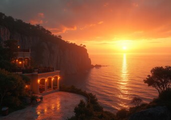 Wall Mural - Stunning sunset over coastal home with ocean view and rocky cliffs in the background