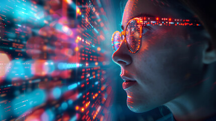 Futuristic Woman Wearing Glasses with Digital Data Reflection