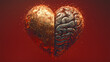 © Sthianphong - a half gold love heart and a half digital silver AI brain, made of a stream of digits, they are on a plain dark red backgroundin dark red background