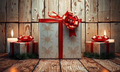 Captivating holiday gift idea featuring a stunning gift box set against a rustic old wooden floor backdrop birthday backdrop Ultra realistic Photorealistic 