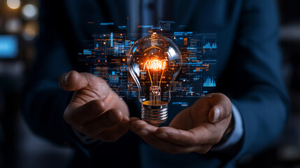 Aufkleber - businessman holds glowing lightbulb symbolizing innovation and ideas, surrounded by digital data and technology. This captures essence of creativity and modern solutions